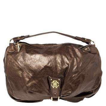 Pre Owned Roberto Cavalli Metallic Brown Leather RC Logo Hobo