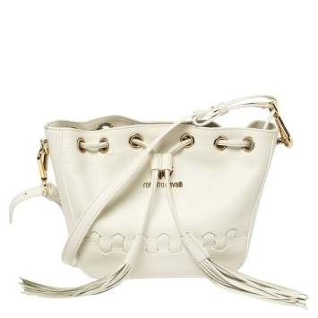 Pre Owned Roberto Cavalli White Leather Drawstring Tassel Shoulder Bag