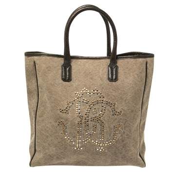 Pre Owned Roberto Cavalli Moss Green Canvas and Leather Studded Logo Tote