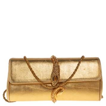 Pre Owned Roberto Cavalli Gold Leather Serpent Clasp Chain Clutch