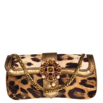 Pre Owned Roberto Cavalli Brown/Gold Leopard Print Satin and Leather Chain Clutch