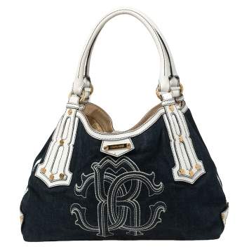 Pre Owned Roberto Cavalli Navy Blue/White Denim and Leather Logo Shoulder Bag