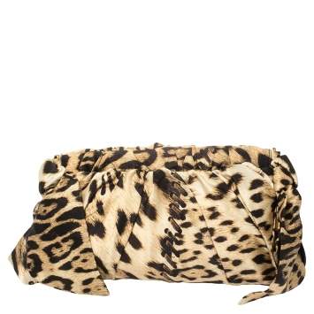 Pre Owned Roberto Cavalli Beige/Black Leopard Print Satin Clutch 