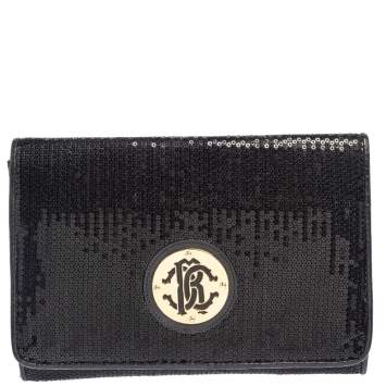 Pre Owned Roberto Cavalli Black Sequins and Leather Logo Flap Clutch