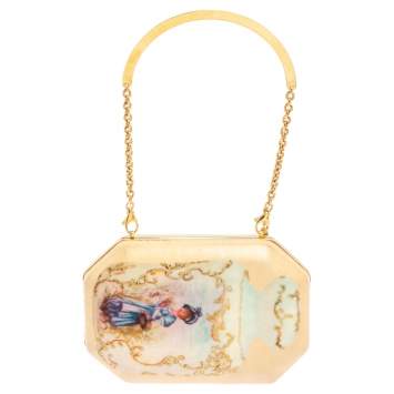 Pre Owned Roberto Cavalli Beige Satin 18th Century Porcelain Print Chain Clutch