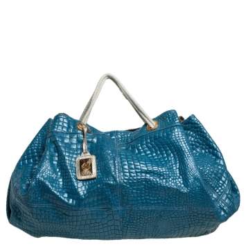 Pre Owned Roberto Cavalli Blue/White Croc Embossed Leather Hobo 