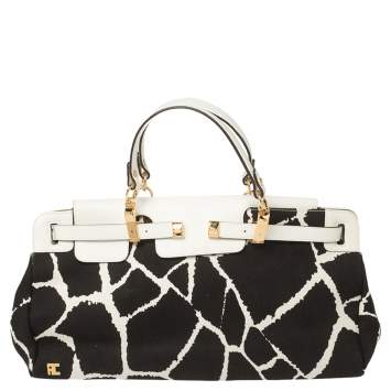 Pre Owned Roberto Cavalli Black/White Printed Canvas and Leather Satchel