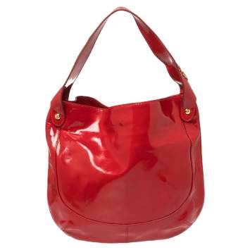 Pre Owned Roberto Cavalli Red Patent Leather Logo Hobo