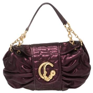 Pre Owned Roberto Cavalli Metallic Purple Pleated Leather Shoulder Bag