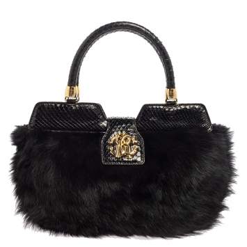 Pre Owned Roberto Cavalli Black Faux Fur and Snakeskin Flap Hobo
