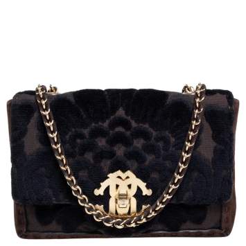 Pre Owned Roberto Cavalli Dark Brown/Black Suede and Velvet Turnlock Logo Flap Chain Bag