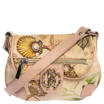 Pre Owned Roberto Cavalli Beige/Pink Print Canvas and Leather Crossbody Bag
