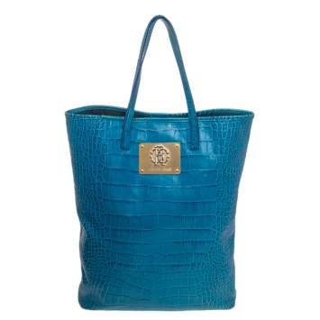 Pre Owned Roberto Cavalli Blue Croc Embossed Leather Shopper Tote
