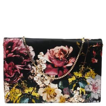 Pre Owned Roberto Cavalli Black Floral Print Satin Shoulder Bag