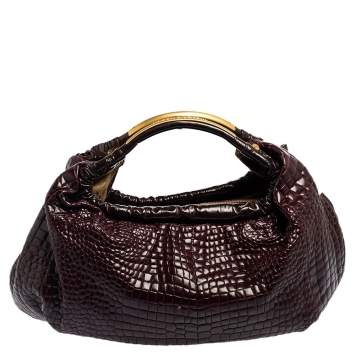 Pre Owned Roberto Cavalli Dark Burgundy Croc Embossed and Patent Leather Side Zip Hobo