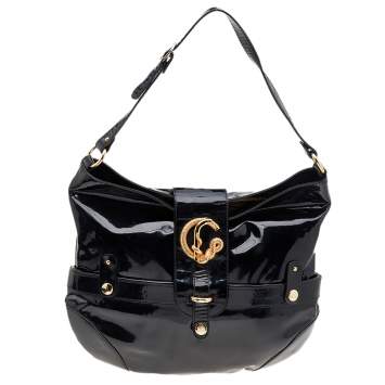 Pre Owned Roberto Cavalli Black Patent Leather Charm Flap Hobo
