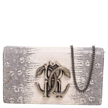 Pre Owned Roberto Cavalli Cream/Grey Python Embossed Leather Chain Clutch