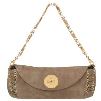 Pre Owned Roberto Cavalli Beige Suede Stitch Detail Turnlock Flap Clutch
