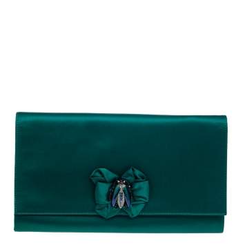 Pre Owned Roberto Cavalli Green Satin Bee Embellished Clutch 