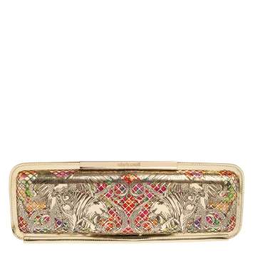 Pre Owned Roberto Cavalli Gold Laser Cut Laminated Leather and Floral Fabric Frame Long Clutch