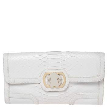 Pre Owned Roberto Cavalli White Python Logo Clutch