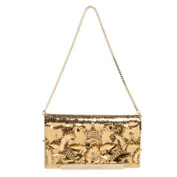 Pre Owned Roberto Cavalli Gold Sequins and Leather Flap Chain Clutch