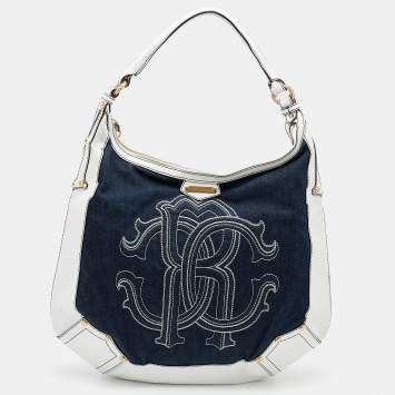 Pre Owned Roberto Cavalli White/Navy Blue Leather And Denim Logo Hobo