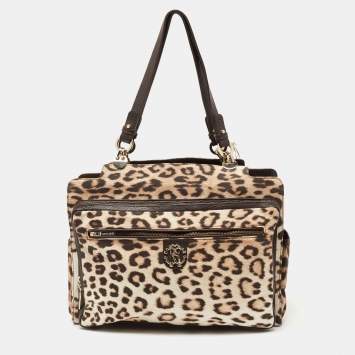 Pre Owned Roberto Cavalli Beige/Brown Leopard Print Satin and Leather Diaper Bag