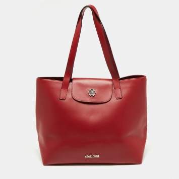 Pre Owned Roberto Cavalli Red Leather Logo Flap Shopper Tote