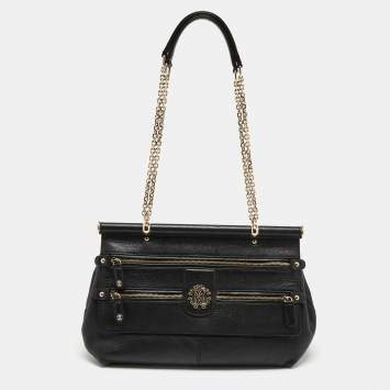 Pre Owned Roberto Cavalli Black Leather Zip Detail Chain Shoulder Bag