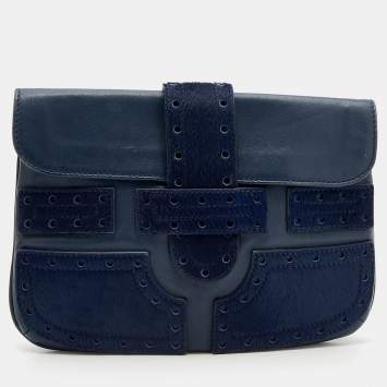 Pre Owned Roberto Cavalli Blue Leather And Calf Hair Pouch