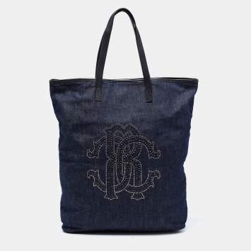 Pre Owned Roberto Cavalli Navy Blue Denim Studded Logo Tote