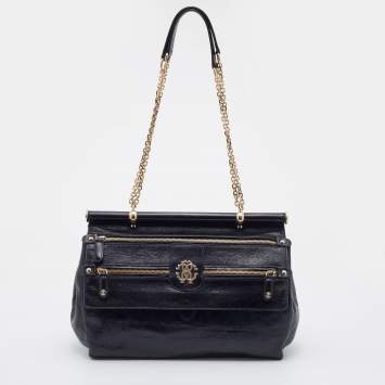 Pre Owned Roberto Cavalli Black Leather Zip Detail Chain Shoulder Bag