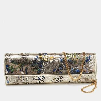 Pre Owned Roberto Cavalli Gold Laser Cut Patent Leather and Floral Fabric Long Chain Clutch