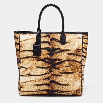 Pre Owned Roberto Cavalli Beige/Brown Animal Print Canvas And Leather Tote