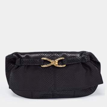 Pre Owned Roberto Cavalli Black Python Fold Over Clutch