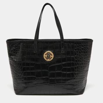 Pre Owned Roberto Cavalli Black Croc Embossed Leather Tote