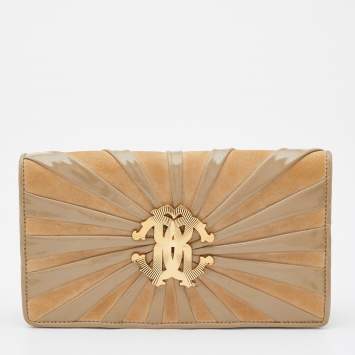 Pre Owned Roberto Cavalli Beige Suede and Leather Logo Embellished Clutch