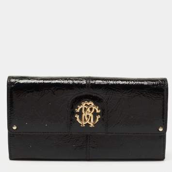 Pre Owned Roberto Cavalli Black Patent Leather Flap Wallet On Chain 