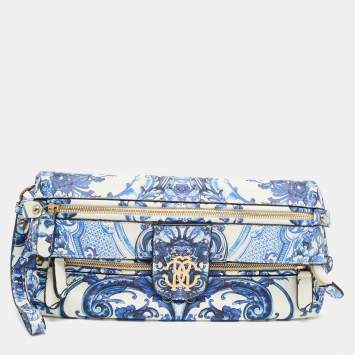 Pre Owned Roberto Cavalli Blue/White Majolica Print Leather Foldover Clutch