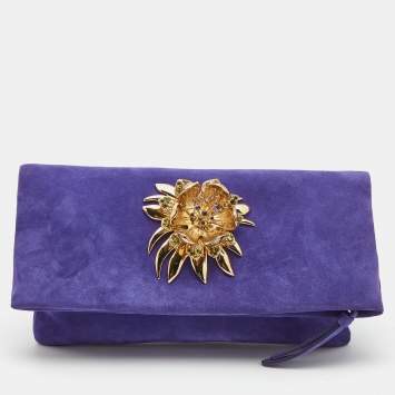 Pre Owned Roberto Cavalli Purple Suede  Crystal Metal Flower Embellished Foldover Clutch