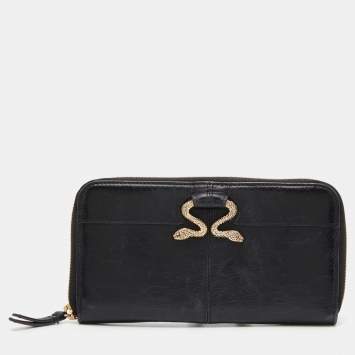 Pre Owned Roberto Cavalli Black Leather Snake Logo Zip Around Wallet