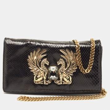 Pre Owned Roberto Cavalli Black Karung Leather Crystal Chain Clutch