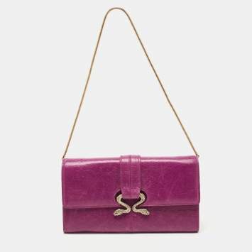 Pre Owned Roberto Cavalli Purple Leather Double Snake Flap Continental Wallet