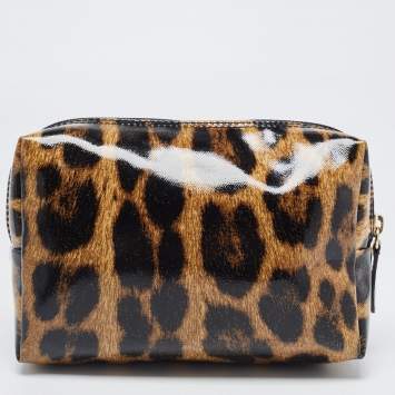 Pre Owned Roberto Cavalli Brown/Black Leopard Print Patent Leather Cosmetic Pouch