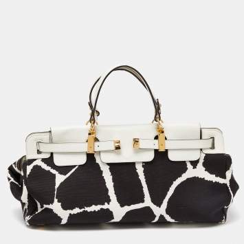 Pre Owned Roberto Cavalli Black/White Printed Canvas and Leather Bag