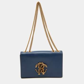 Pre Owned Roberto Cavalli Navy Blue Leather RC Monogram Flap Chain Bag