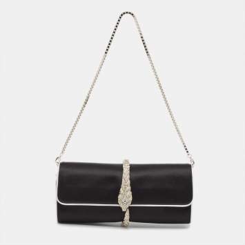 Pre Owned Roberto Cavalli Black/Silver Satin and Leather Snake Embellished Chain Clutch