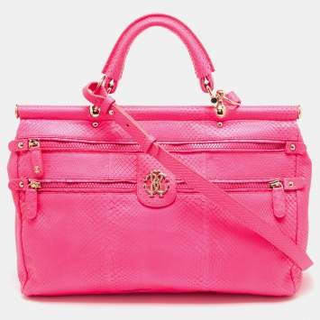 Pre Owned Roberto Cavalli Neon Pink Snakeskin Diva Top Handle Bag