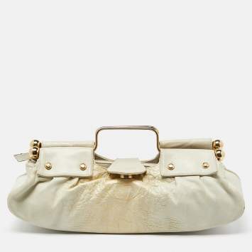 Pre Owned Roberto Cavalli Cream Leather Metal Frame Clutch